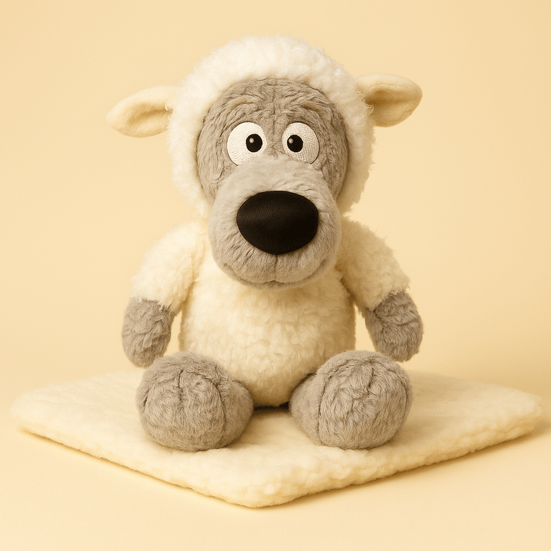 Peluche loup avec sa fourrure en mouton sur couverture