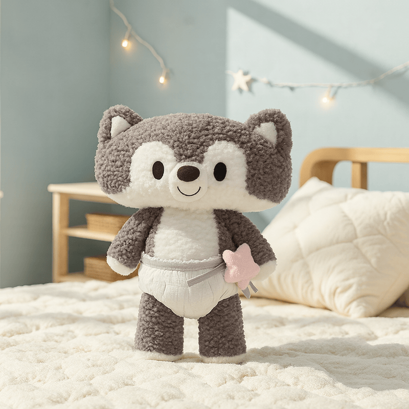 Peluche loup de conte de fées debout sur lit