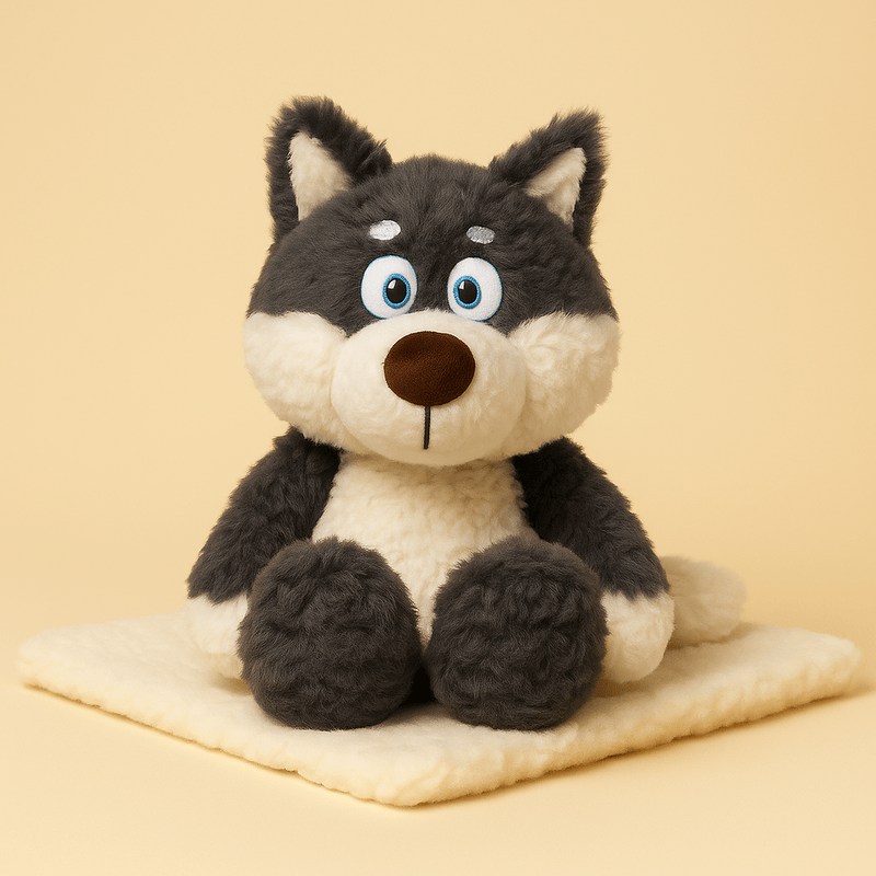 Peluche loup gris foncé assis sur une couverture