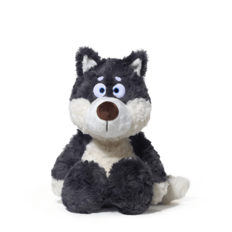 Peluche loup gris foncé assis de face sur fond blanc