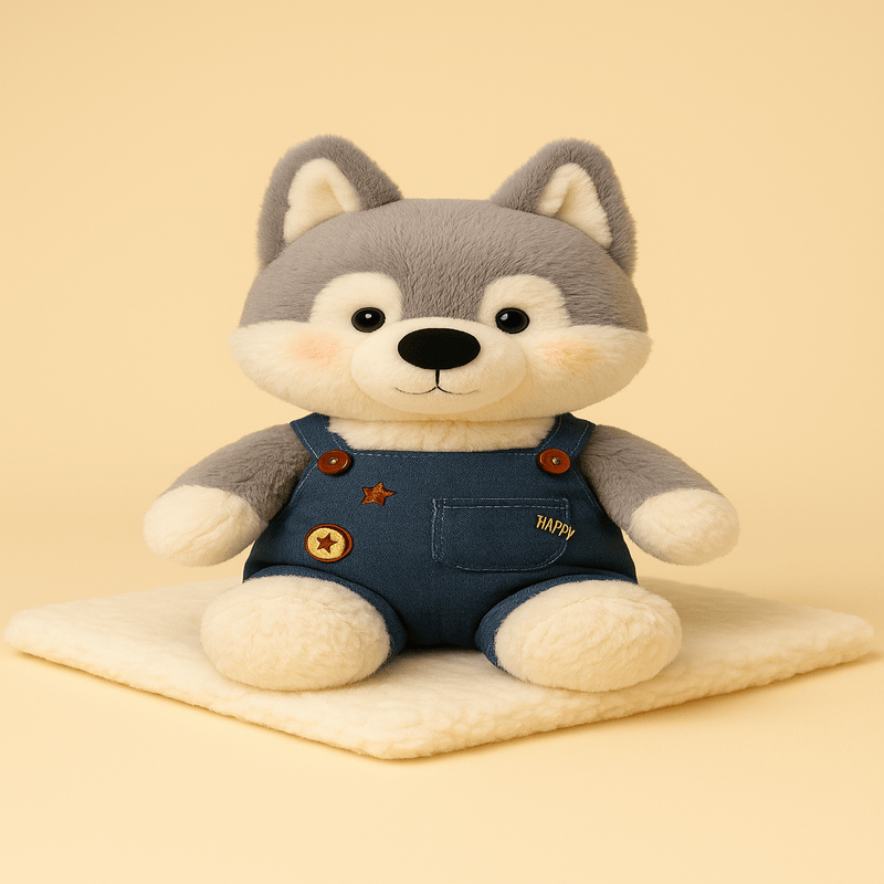 Peluche loup habillé sur une couverture