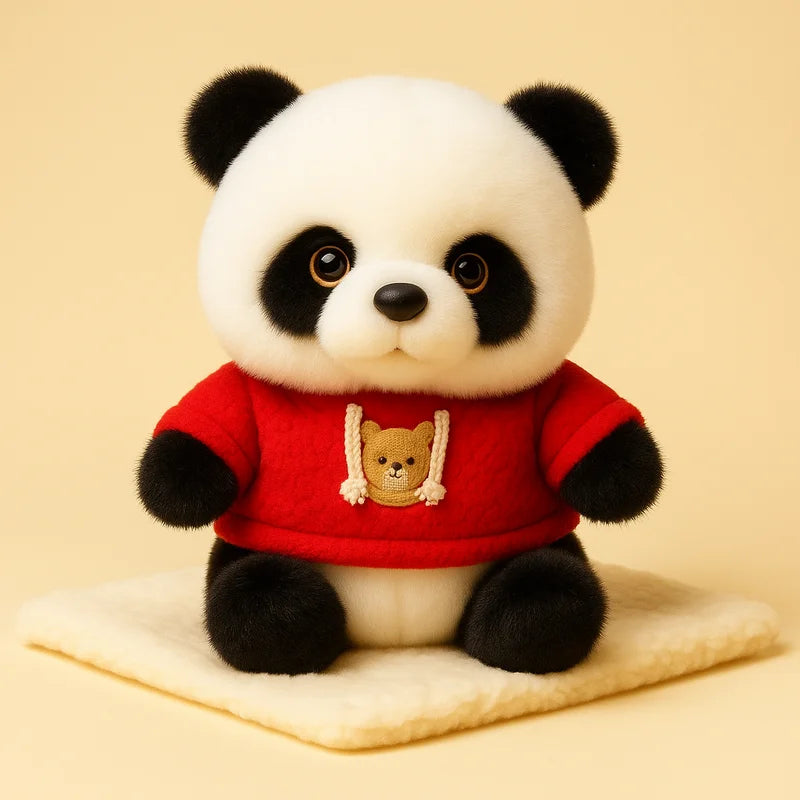 Peluche panda avec son pull rouge sur couverture