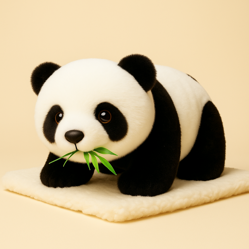 Peluche panda sur couverture avec ses feuilles de bambou
