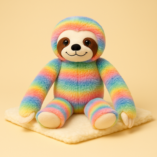 Peluche paresseux arc-en-ciel sur une couverture