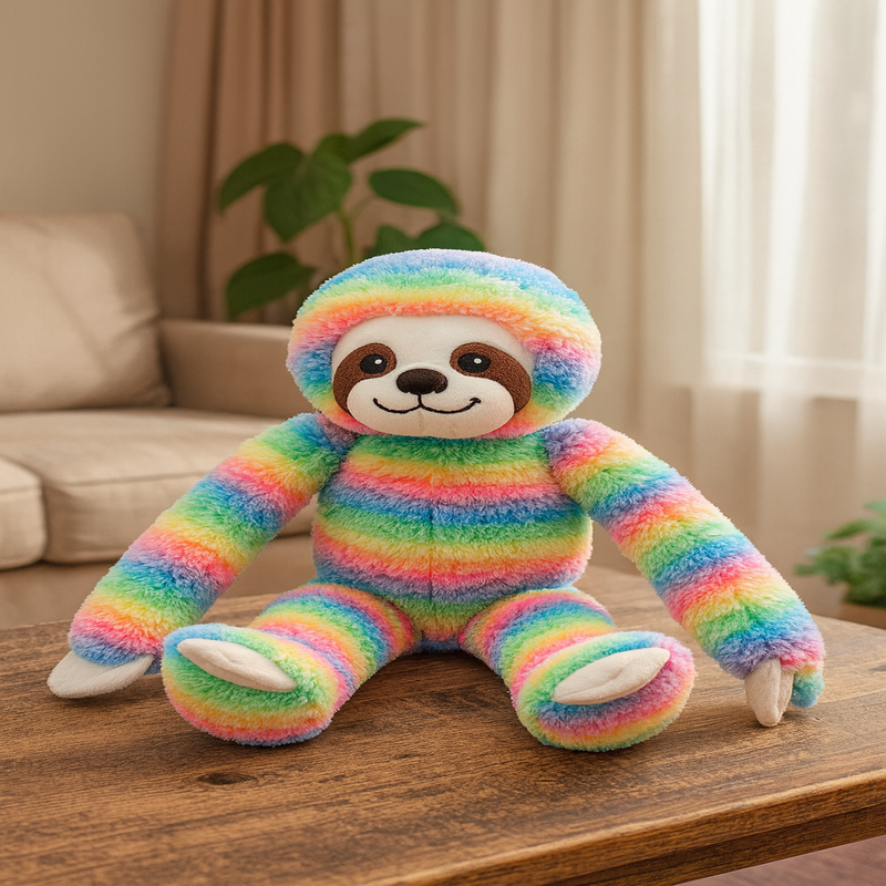 Peluche paresseux arc-en-ciel sur une table 