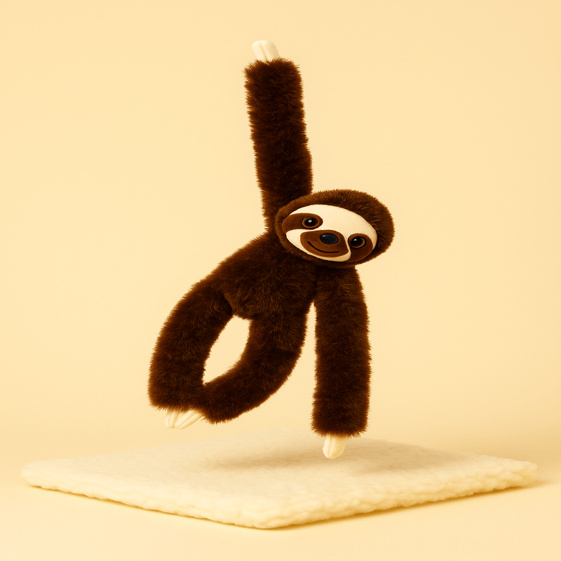 Peluche paresseux brun sur une couverture