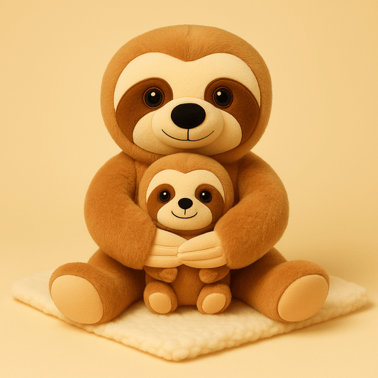 Peluche paresseux mère et fils sur une couverture