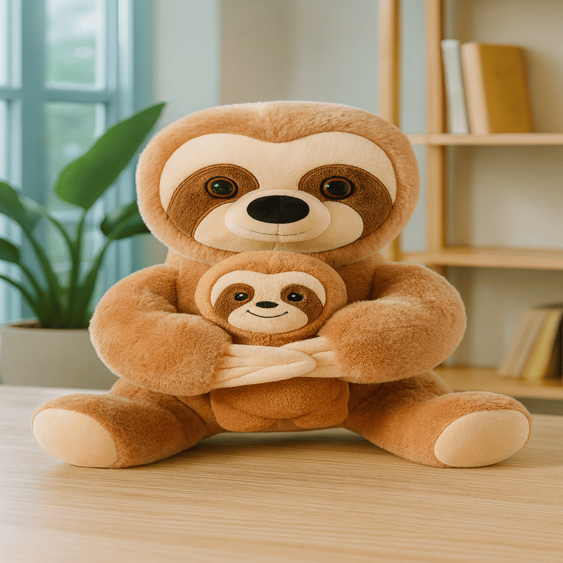 Peluche paresseux mère et fils sur une table