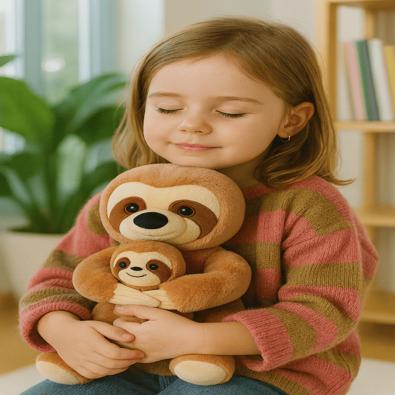 Peluche paresseux mère et fils tenu par une fille dans ses bras 