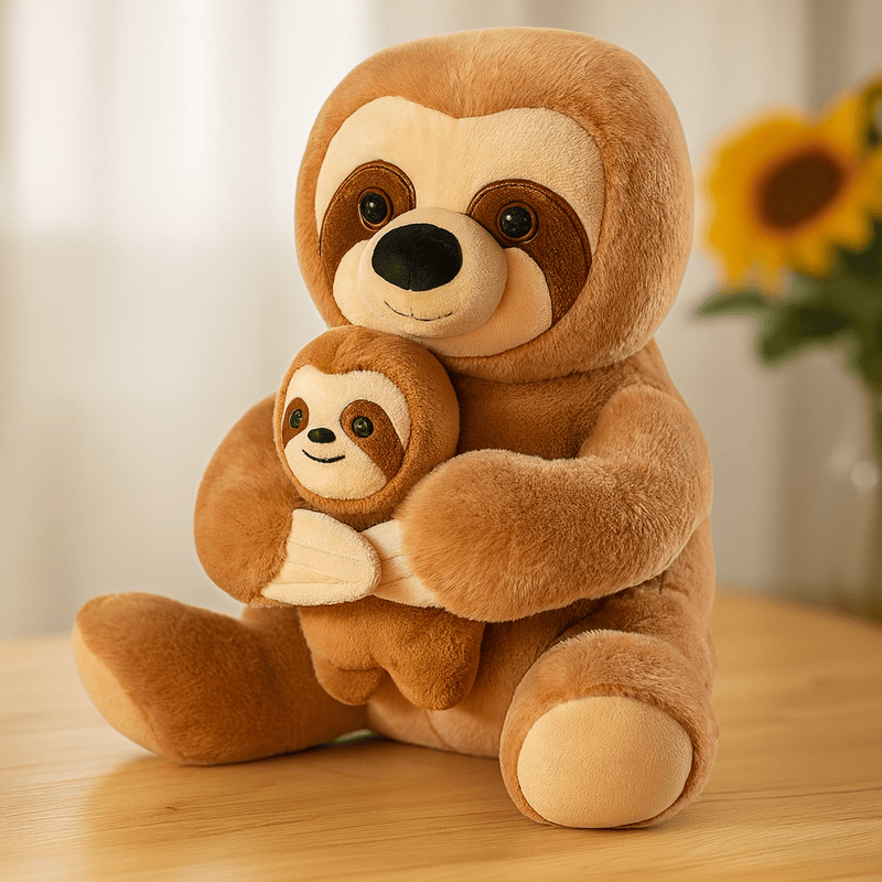 Peluche paresseux mère et fils assis sur une table