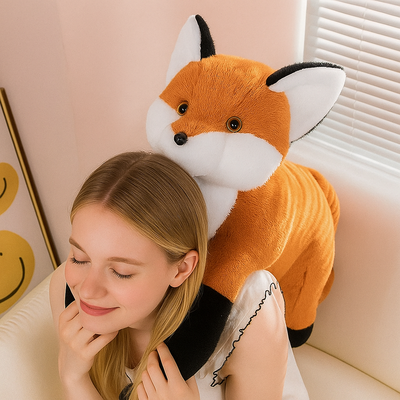 Peluche renard realiste sur la tete d'une fille