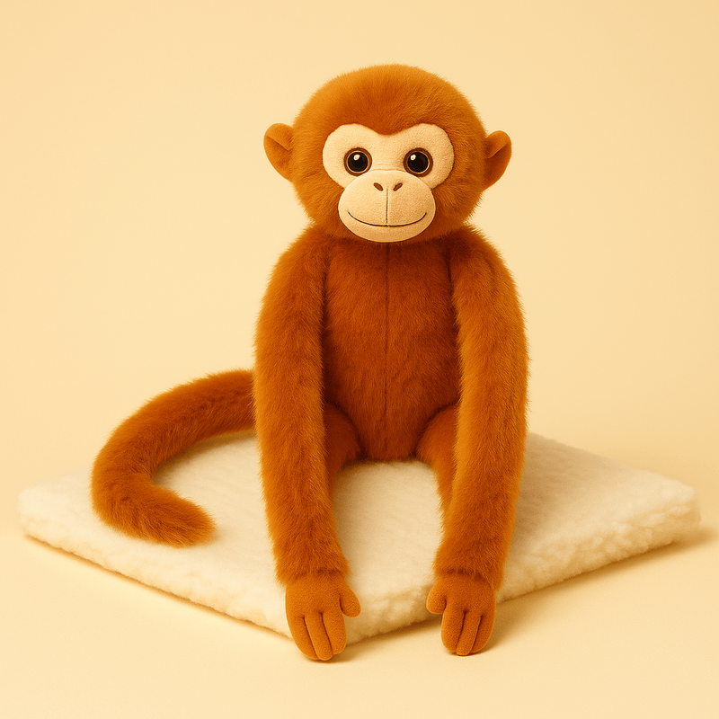 Peluche singe aux poils roux sur couverture