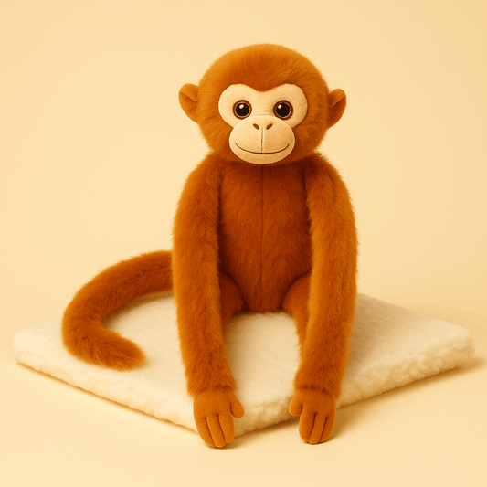 Peluche singe aux poils roux sur couverture