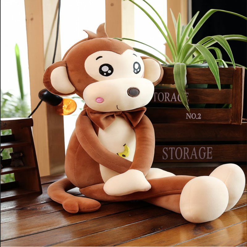 Peluche singe marron cartoon assis sur le parquet 