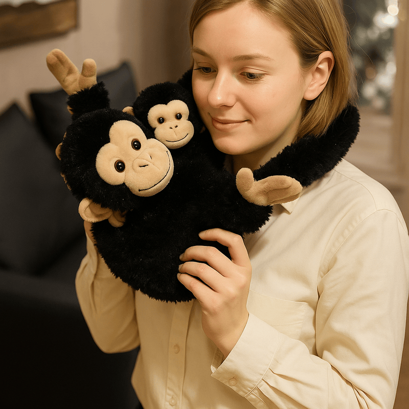 Peluche Chimpanzé mère et fils attacher au cou d'une fille