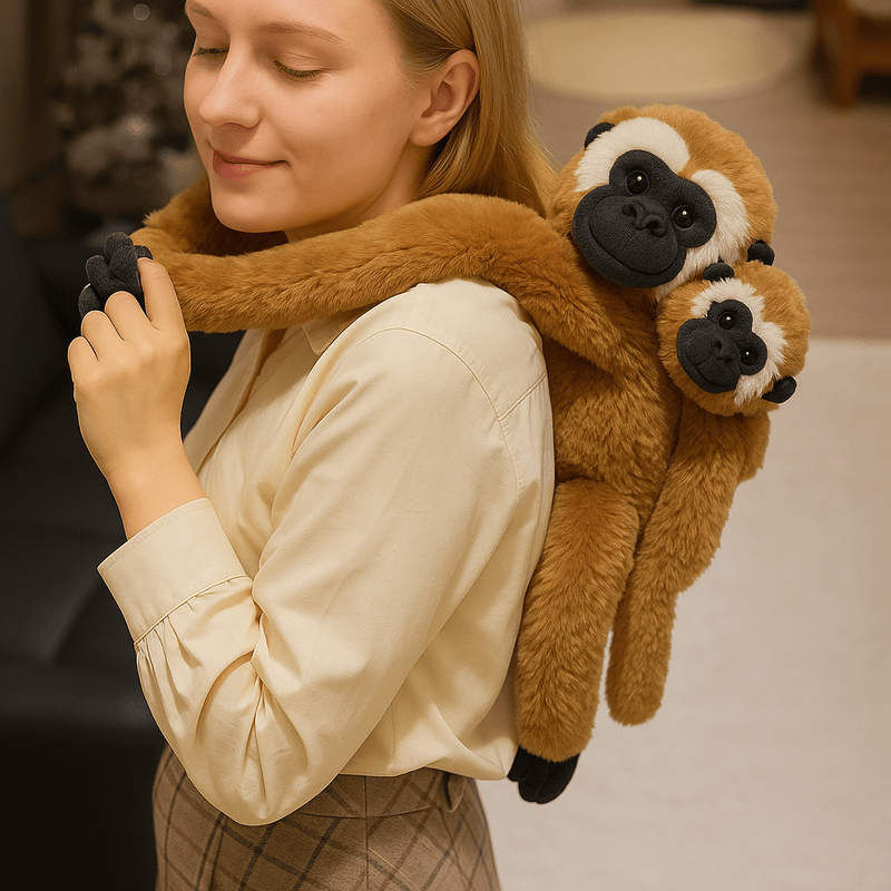 Peluche Gibbon mère et fils tenu par les bras autour du coup d'une fille