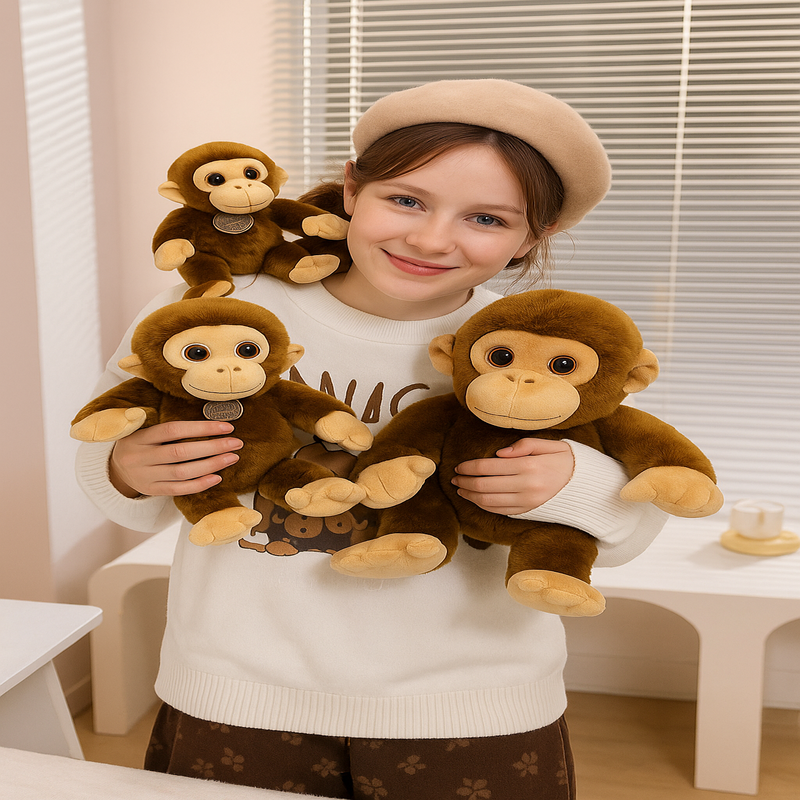 Trois peluches singes mignonnes dans les bras d'une fille