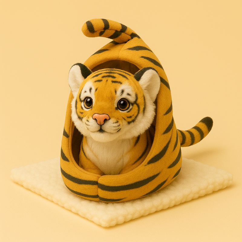 Peluche tigre avec leur maison sur une couverture