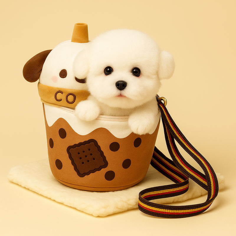 Sac peluche chien Cookie sur couverture